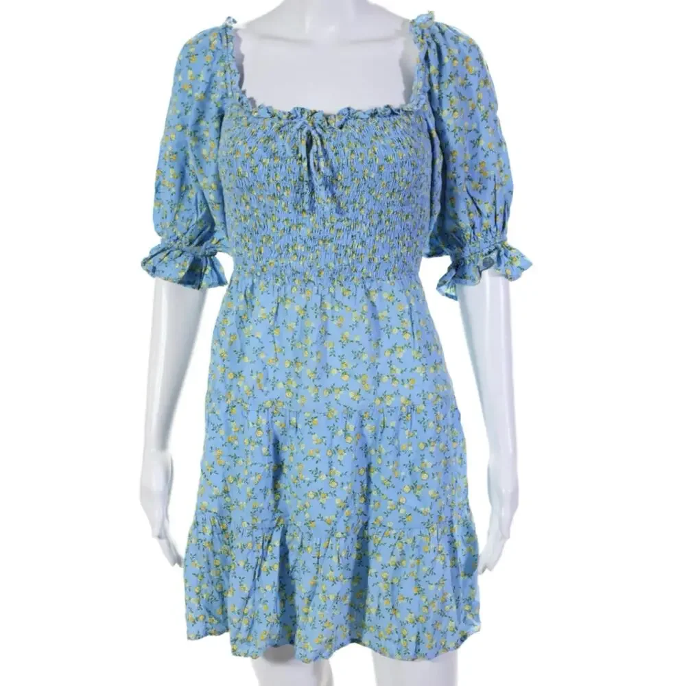 Faithfull the Brand Charolette Smocked Mini Dress Blue Yellow XL - Picture 4 of 9